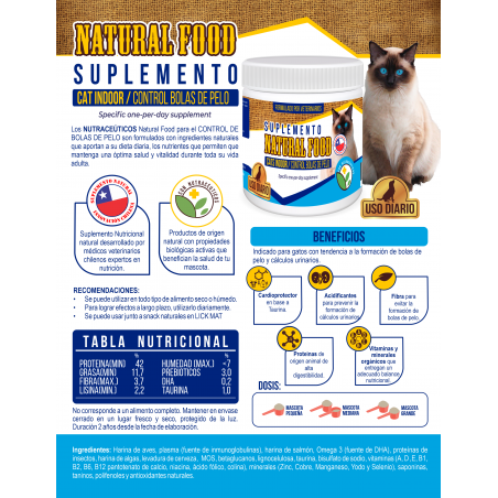 Natural Food - Suplemento alimenticio para gatos adultos con control de Bolas de Pelo 150g. - Natural Food 
